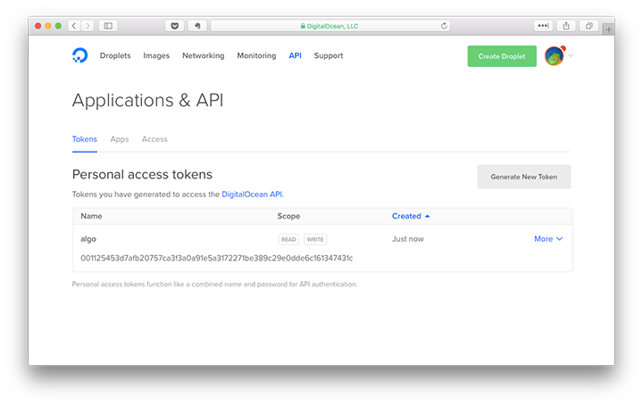 new api token for digitalocean