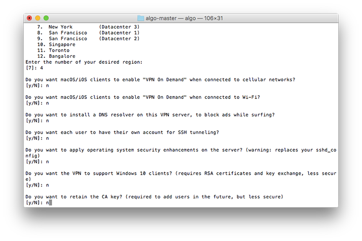 reply to more questions to configure your algo vpn server on digitalocean