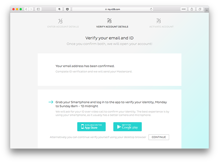 N26 Bank account opening process—IDnow start