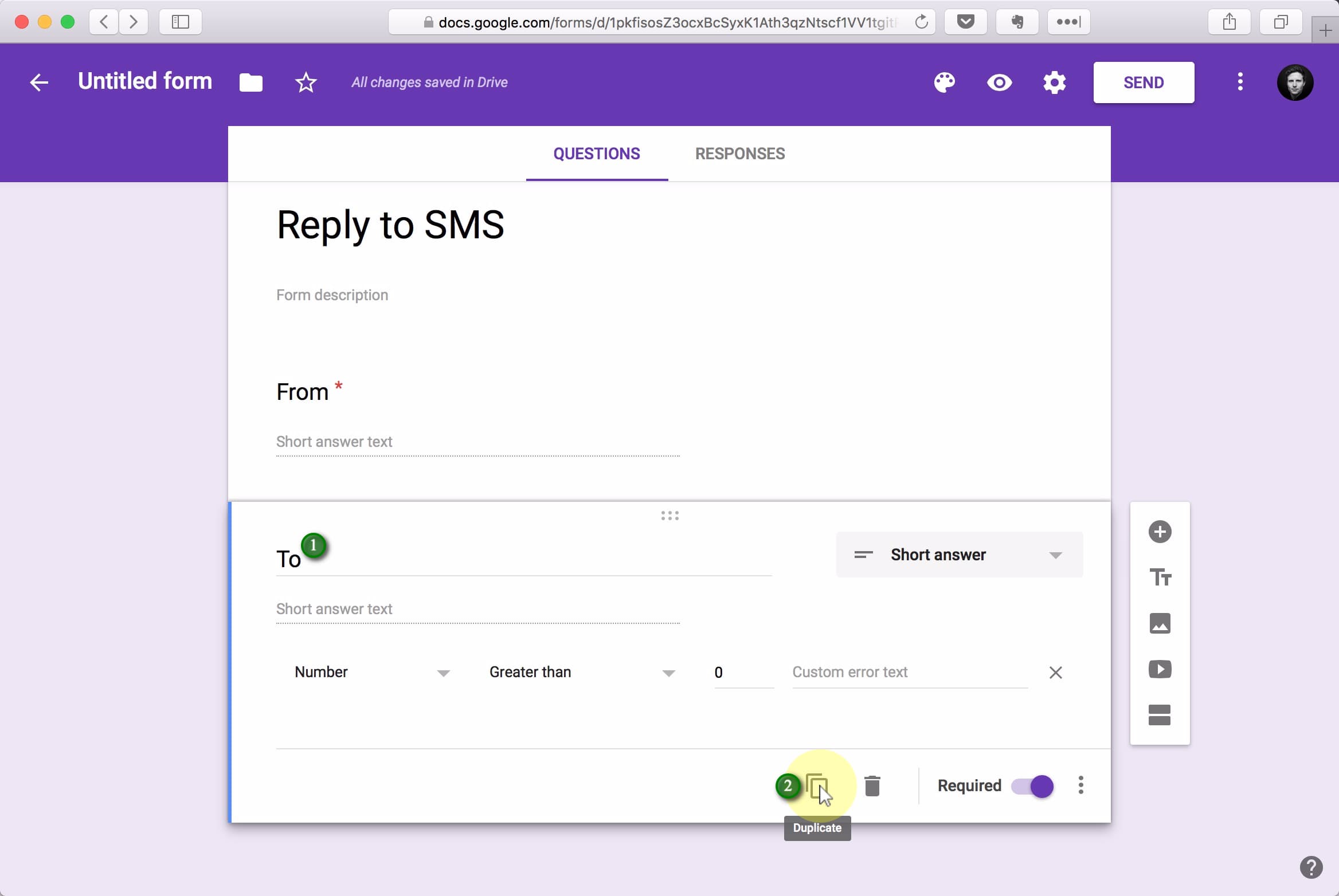 (1) Give the new question the name To. (2) Click Duplicate.;