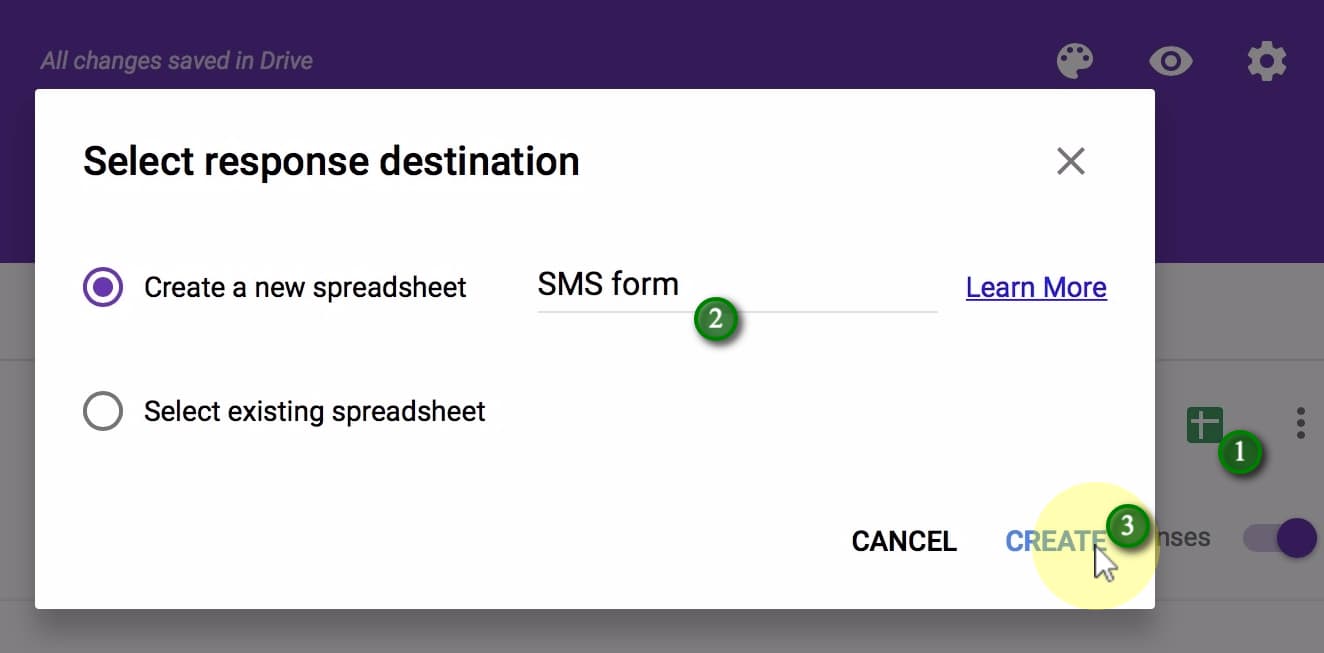 (1) Click the green Create Spreadsheet button, (2) give the spreadsheet a name, and (3) click Create.;