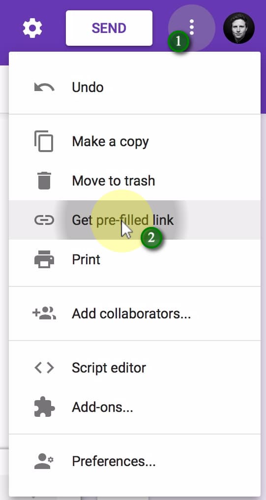 (1) Click the More button in the top right, then (2) Get pre-filled link.;