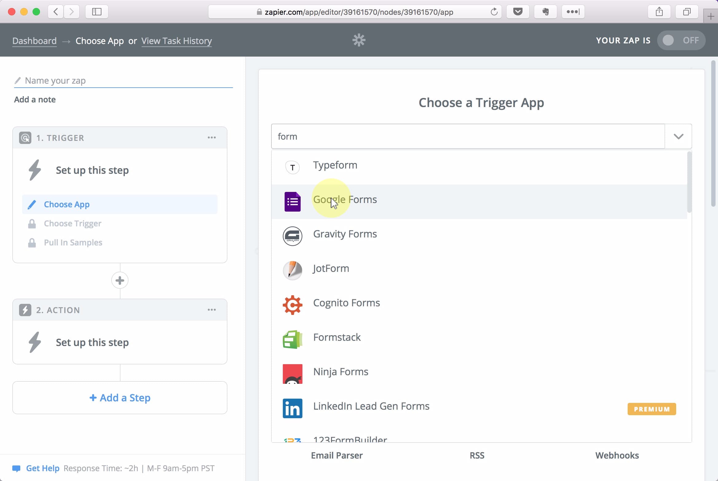 Search for form and select Google Forms from the result list.;